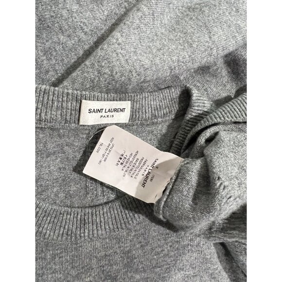 Saint Laurent Paris Crewneck Distressed Knit Sweater in Grey - Picture 3 of 3